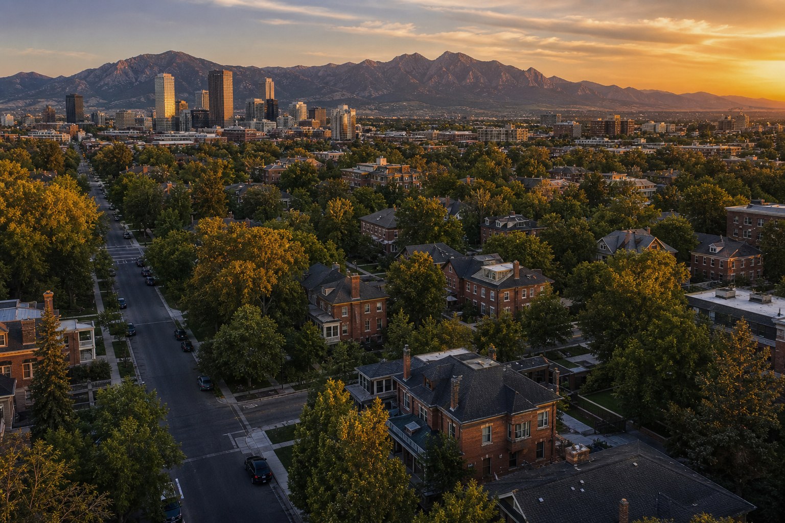 A Denver, Colorado neighborhood at golden hour with the Rocky Mountains on the horizon, illustrative