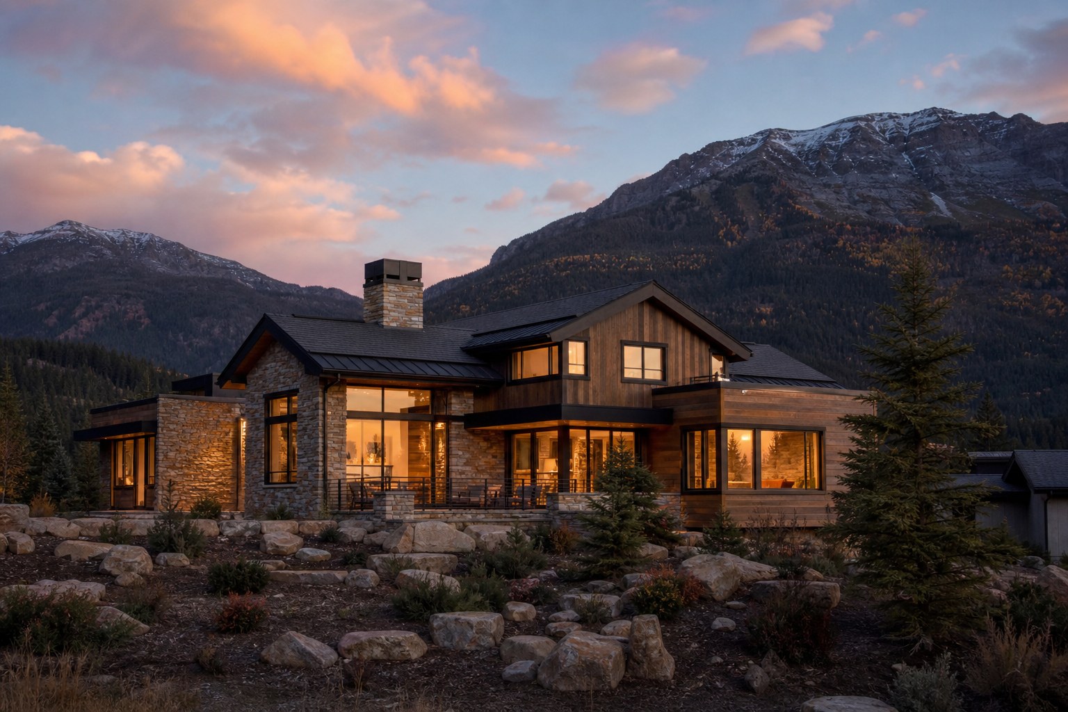 A Colorado mountain modern home at dusk, illustrative