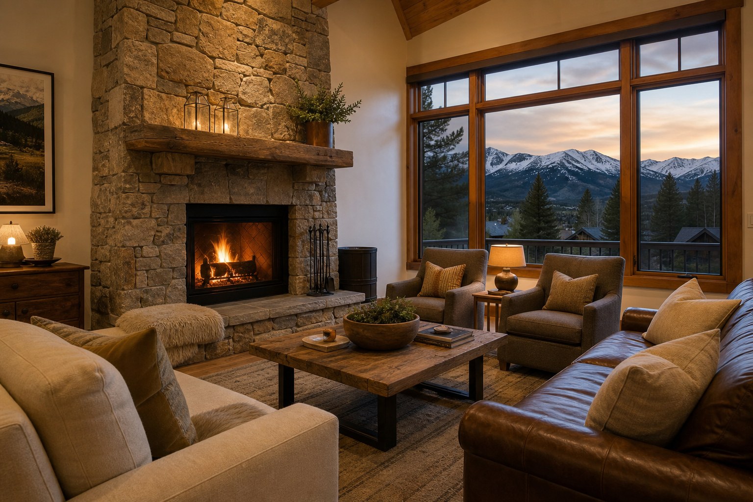 A cozy Colorado living room with a stone fireplace, illustrative